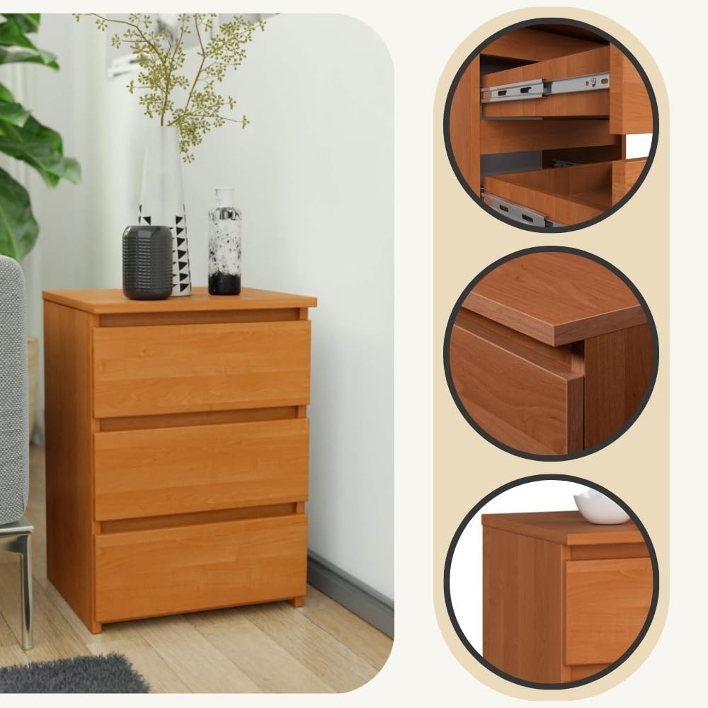 AKORD Nachttisch Kommode CL-3 mit 3 Schubladen | für das Wohnzimmer Schlafzimmer Schrank Büro Arbeitszimmer | Modernes Funktionales Design | B40 x H57 x T35 cm, Gewicht 26 kg | Erle