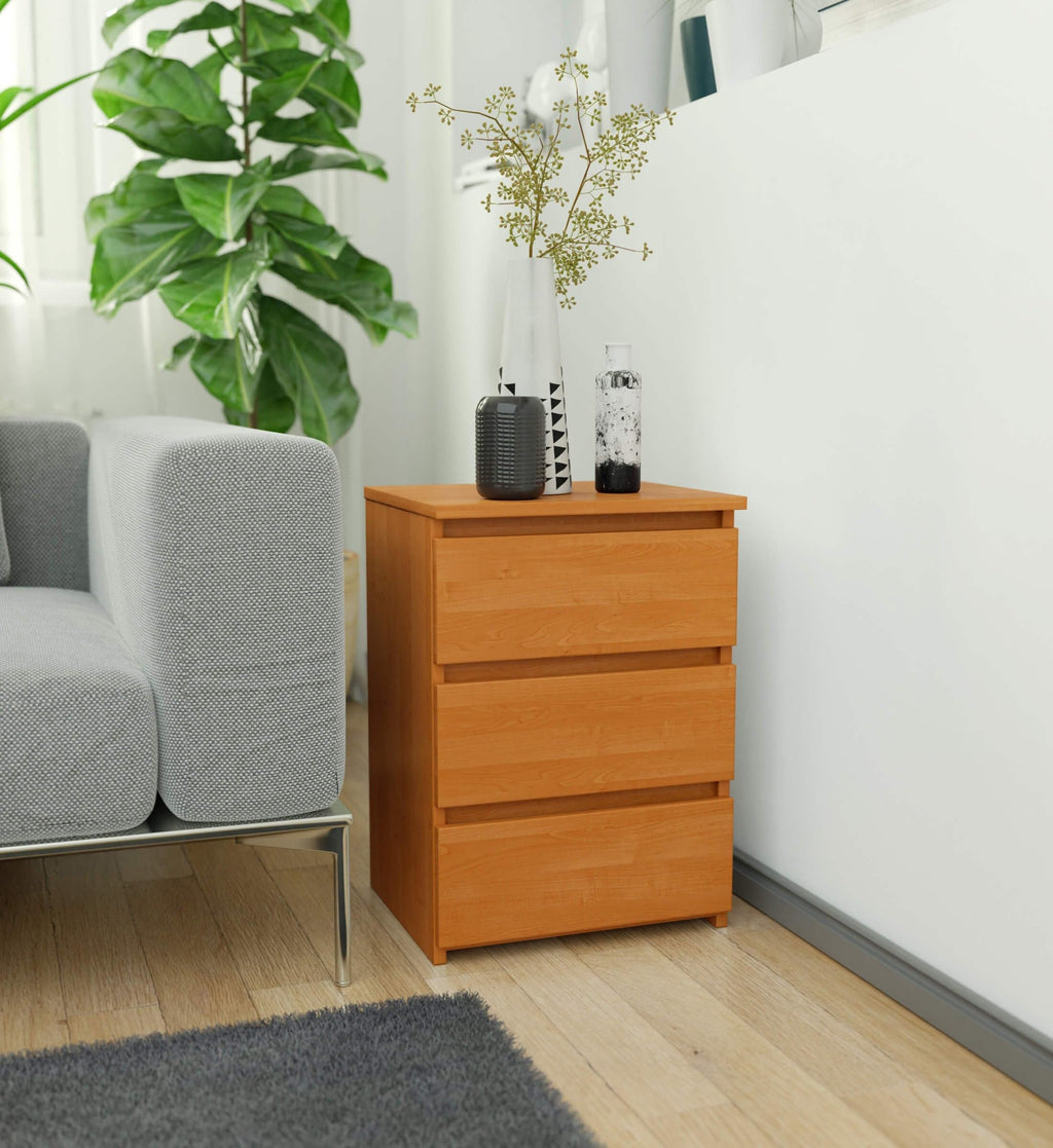 AKORD Nachttisch Kommode CL-3 mit 3 Schubladen | für das Wohnzimmer Schlafzimmer Schrank Büro Arbeitszimmer | Modernes Funktionales Design | B40 x H57 x T35 cm, Gewicht 26 kg | Erle