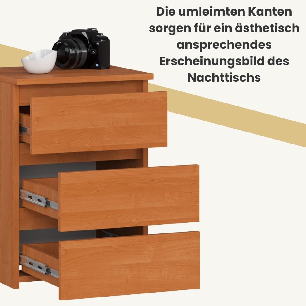 AKORD Nachttisch Kommode CL-3 mit 3 Schubladen | für das Wohnzimmer Schlafzimmer Schrank Büro Arbeitszimmer | Modernes Funktionales Design | B40 x H57 x T35 cm, Gewicht 26 kg | Erle