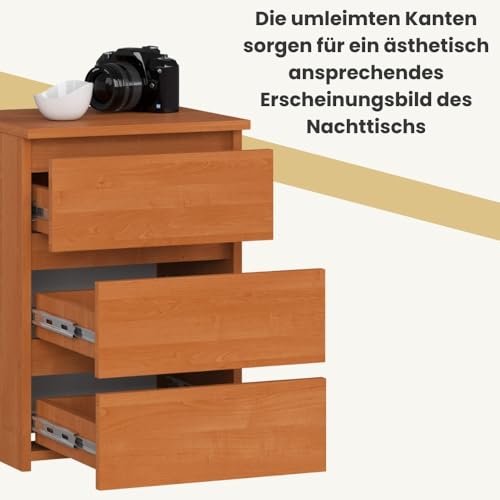 AKORD Nachttisch Kommode CL-3 mit 3 Schubladen | für das Wohnzimmer Schlafzimmer Schrank Büro Arbeitszimmer | Modernes Funktionales Design | B40 x H57 x T35 cm, Gewicht 26 kg | Erle