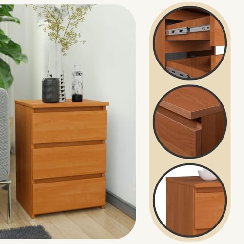 AKORD Nachttisch Kommode CL-3 mit 3 Schubladen | für das Wohnzimmer Schlafzimmer Schrank Büro Arbeitszimmer | Modernes Funktionales Design | B40 x H57 x T35 cm, Gewicht 26 kg | Erle