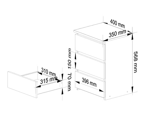 AKORD Nachttisch Kommode CL-3 mit 3 Schubladen | für das Wohnzimmer Schlafzimmer Schrank Büro Arbeitszimmer | Modernes Funktionales Design | B40 x H57 x T35 cm, Gewicht 26 kg | Erle
