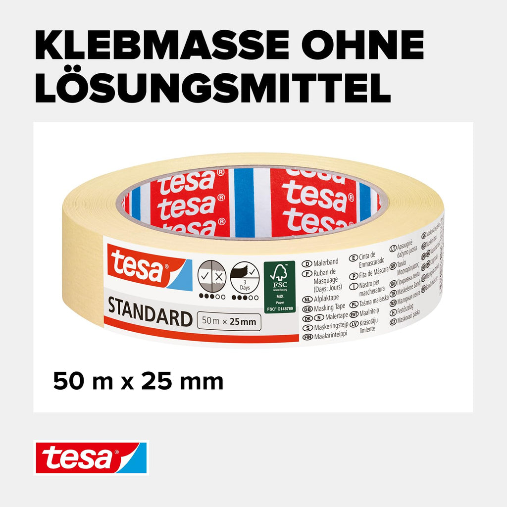 tesa Standard 05086-00000-00 Abdeckband 50m x 25mm, Gelb