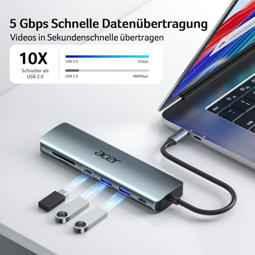 Acer USB C Hub, 7IN1 USB-C zu 4K HDMI, 2*USB-A+1*TypC 5Gbps, 100W PD, SD/TF