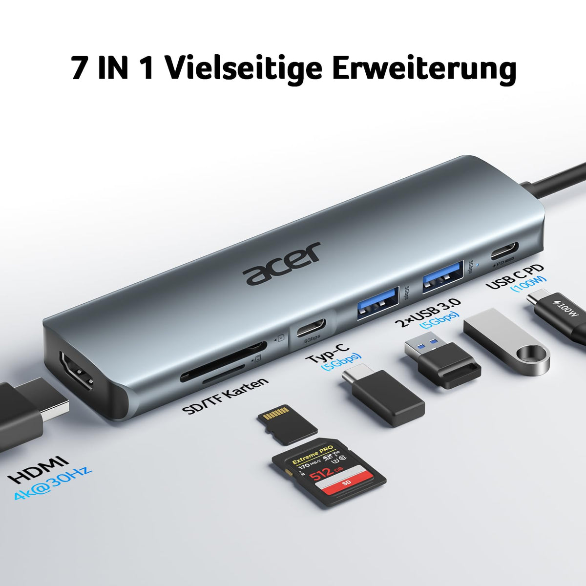 Acer USB C Hub, 7IN1 USB-C zu 4K HDMI, 2*USB-A+1*TypC 5Gbps, 100W PD, SD/TF