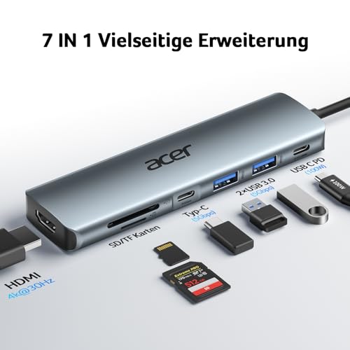 Acer USB C Hub, 7IN1 USB-C zu 4K HDMI, 2*USB-A+1*TypC 5Gbps, 100W PD, SD/TF