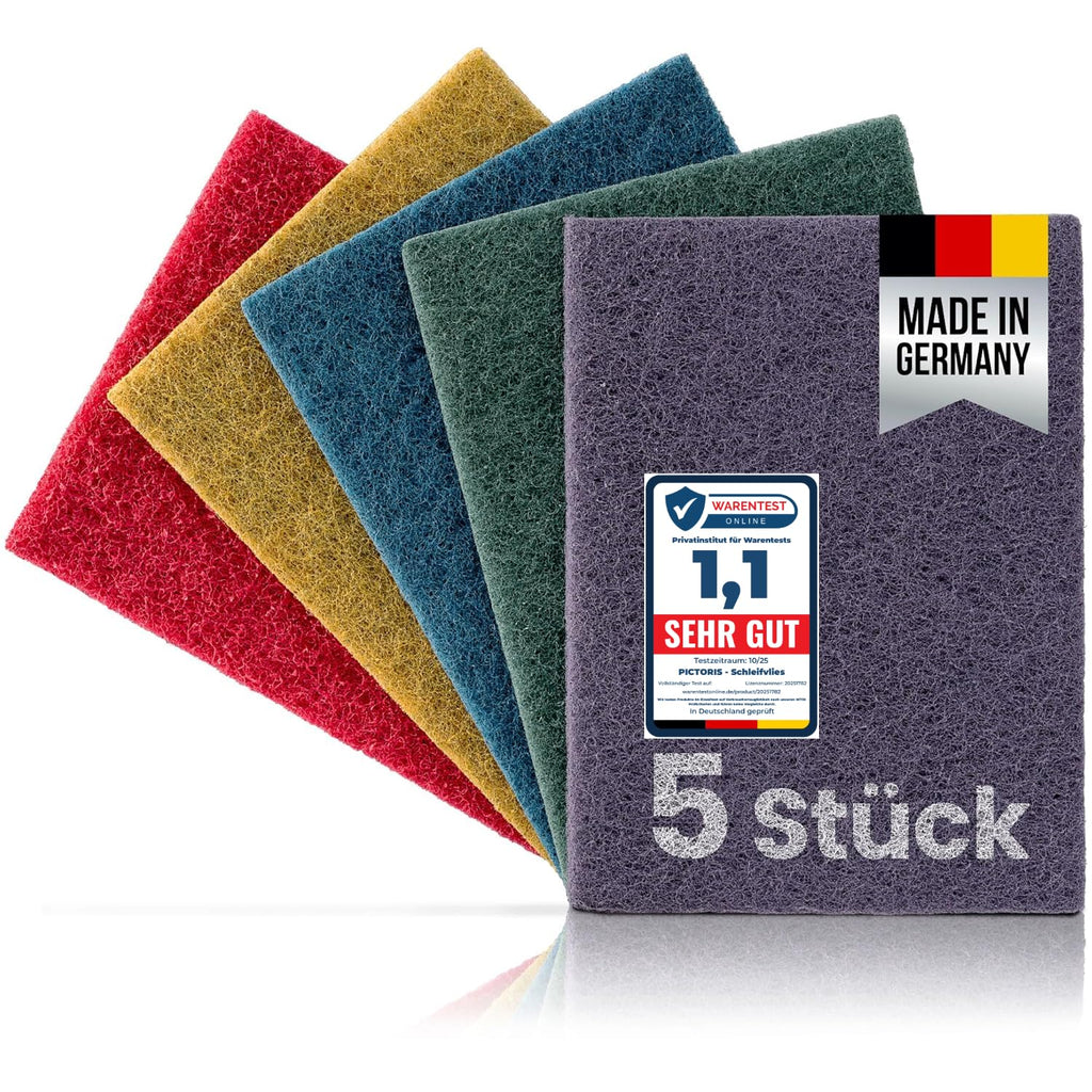 PICTORIS Schleifvlies 5er Set I Made in Germany I Langlebige Handpads 155 x 210mm in 5 praktischen Körnungen 100-900 I Schleifvlies Metall Schleifflies Schleifvlies Holz