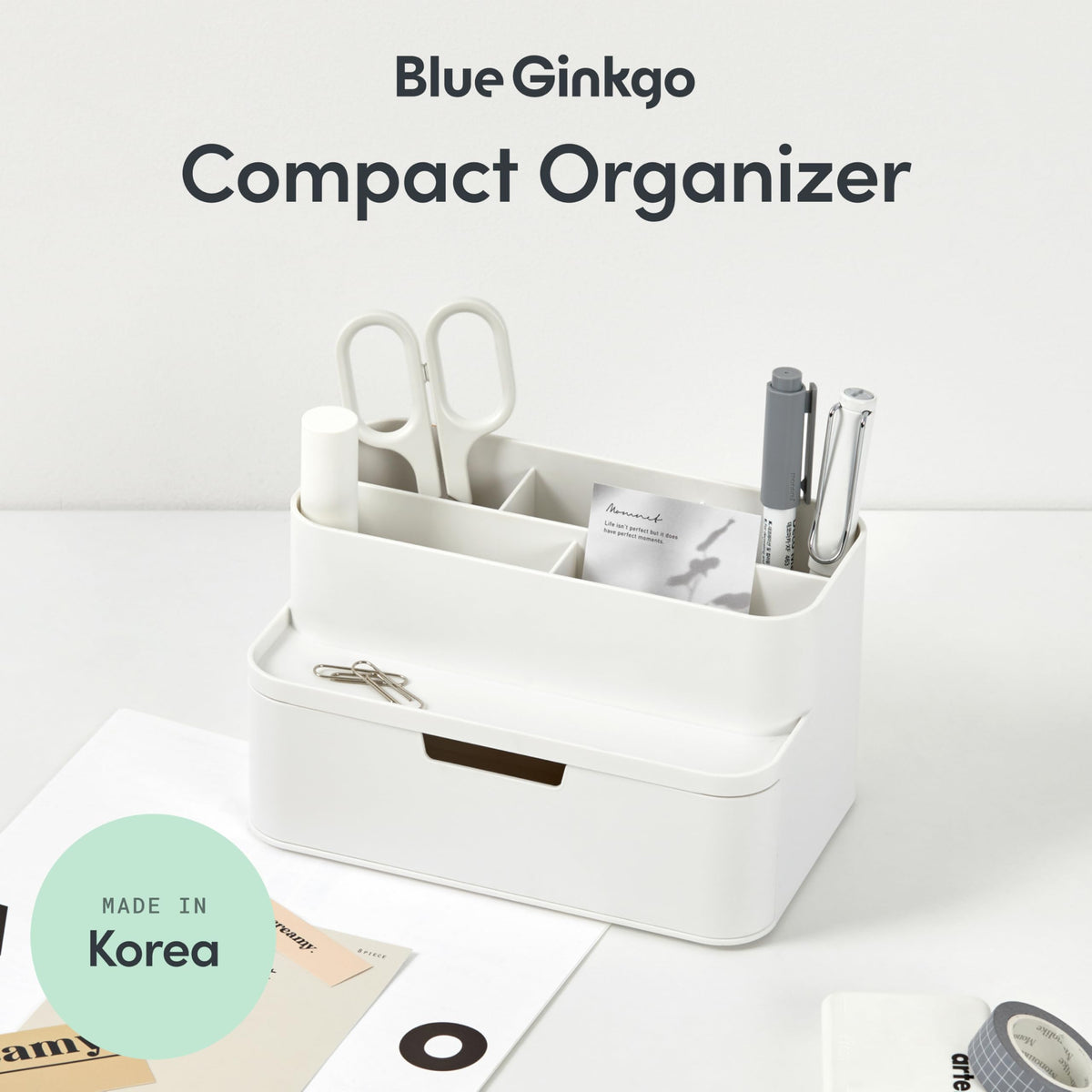 BLUE GINKGO Kompakter Schreibtisch-Organizer – kleine 5 Fächer, halbe Schublade – Stifthalter, Schreibwaren-Organizer für Schreibtisch, Schminktisch, Regal (hergestellt in Korea, Weiß)