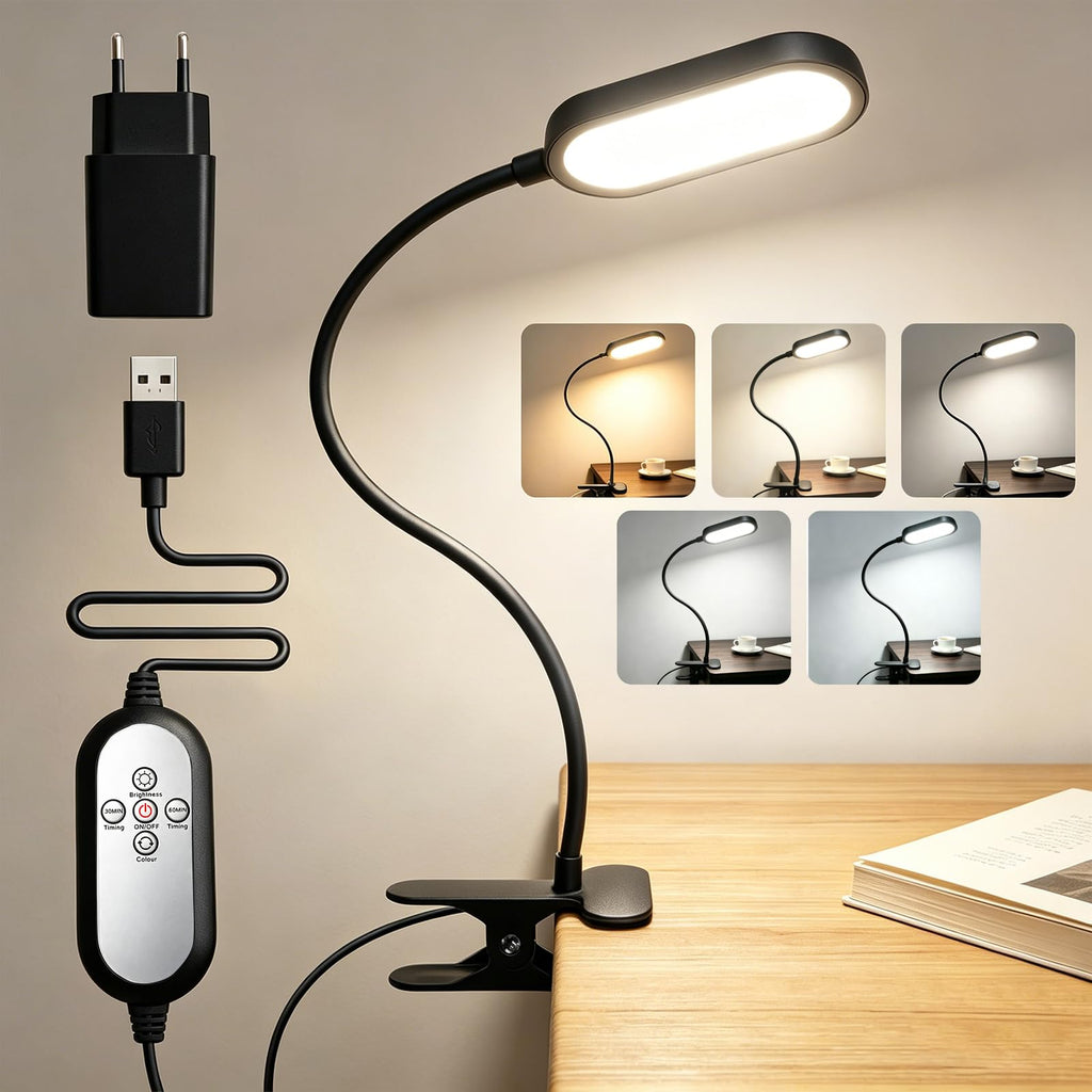 LED Leselampe Bett Dimmbar 48 LEDs Klemmleuchte 5 Farbmodi & 10 Helligkeitsstufen Klemmlampe Timer & Speicherfunktion 40cm 360° Flexibel Schwanenhals, Buchlampe mit Adapter für Schreibtisch & Bett