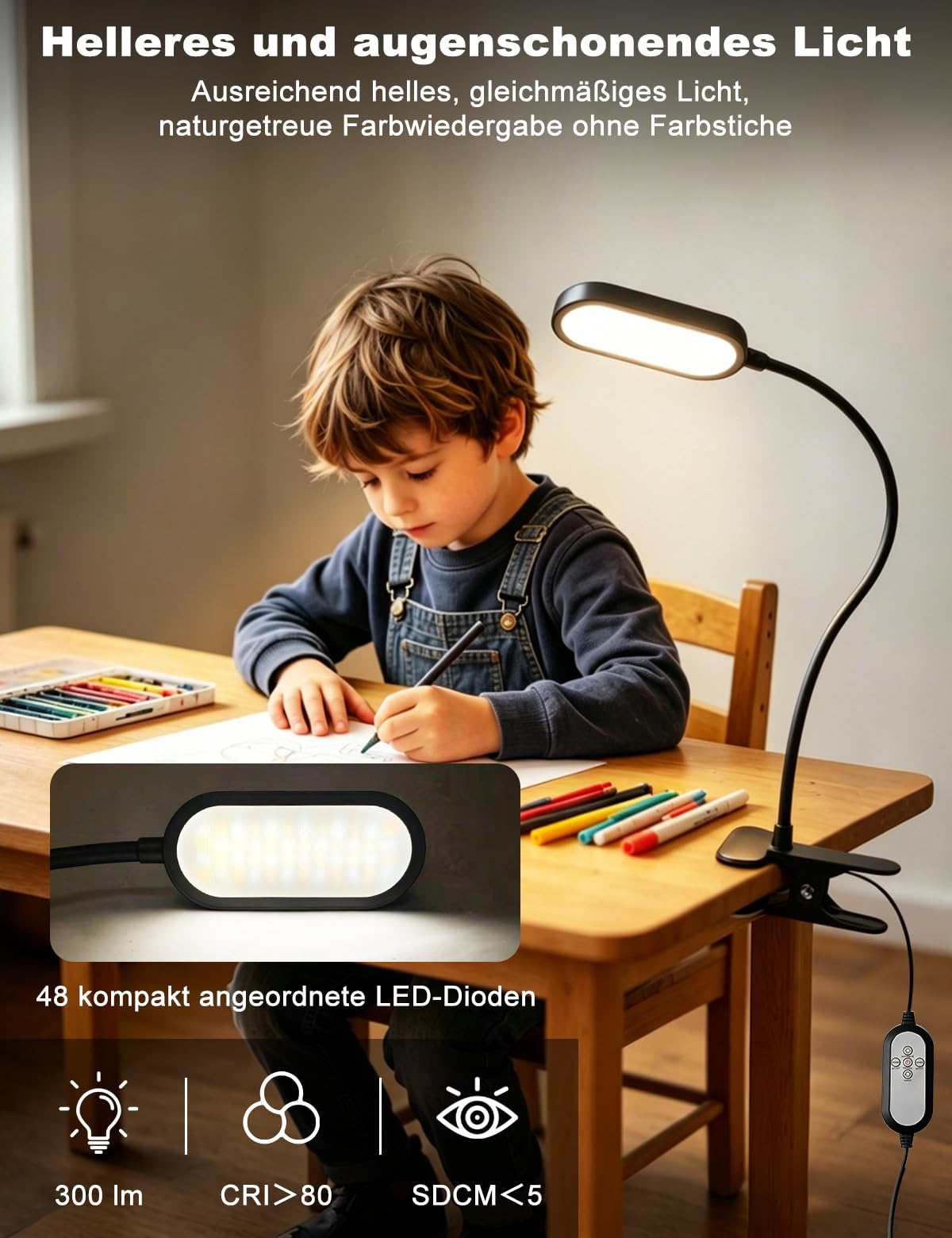 LED Leselampe Bett Dimmbar 48 LEDs Klemmleuchte 5 Farbmodi & 10 Helligkeitsstufen Klemmlampe Timer & Speicherfunktion 40cm 360° Flexibel Schwanenhals, Buchlampe mit Adapter für Schreibtisch & Bett