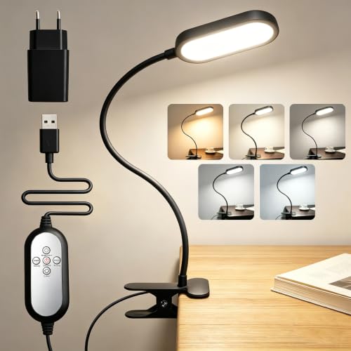 LED Leselampe Bett Dimmbar 48 LEDs Klemmleuchte 5 Farbmodi & 10 Helligkeitsstufen Klemmlampe Timer & Speicherfunktion 40cm 360° Flexibel Schwanenhals, Buchlampe mit Adapter für Schreibtisch & Bett
