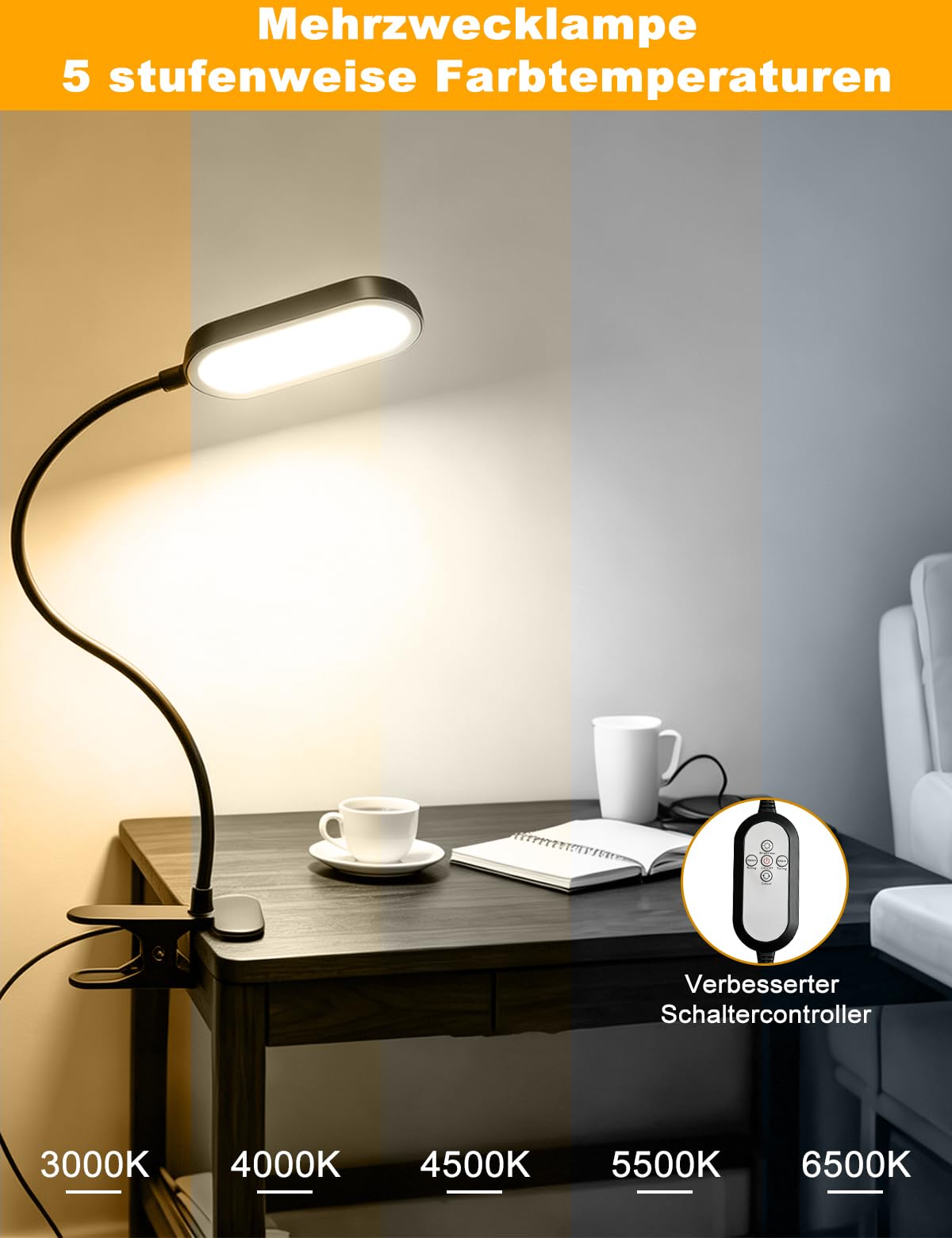 LED Leselampe Bett Dimmbar 48 LEDs Klemmleuchte 5 Farbmodi & 10 Helligkeitsstufen Klemmlampe Timer & Speicherfunktion 40cm 360° Flexibel Schwanenhals, Buchlampe mit Adapter für Schreibtisch & Bett
