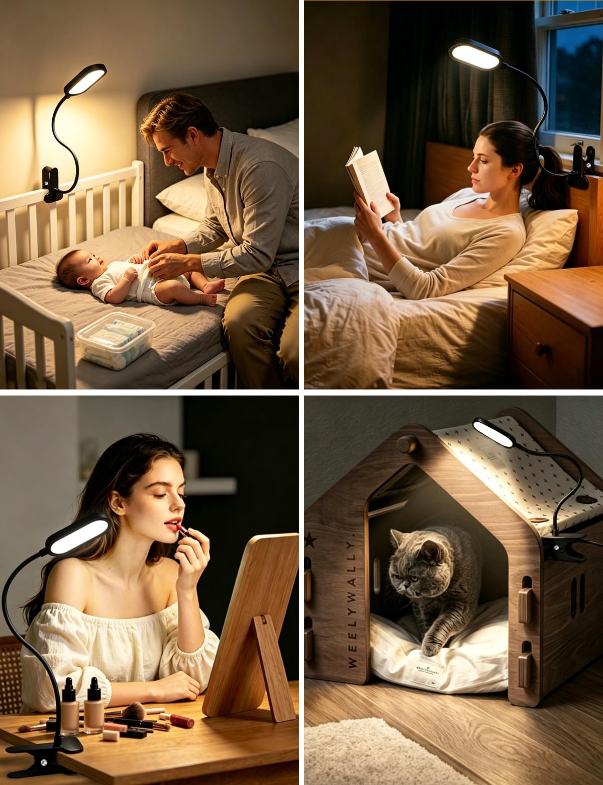 LED Leselampe Bett Dimmbar 48 LEDs Klemmleuchte 5 Farbmodi & 10 Helligkeitsstufen Klemmlampe Timer & Speicherfunktion 40cm 360° Flexibel Schwanenhals, Buchlampe mit Adapter für Schreibtisch & Bett