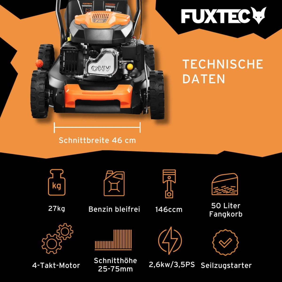 FUXTEC Benzin Rasenmäher FX-RM4646ECO • 3,5 PS • 46 cm Schnittbreite