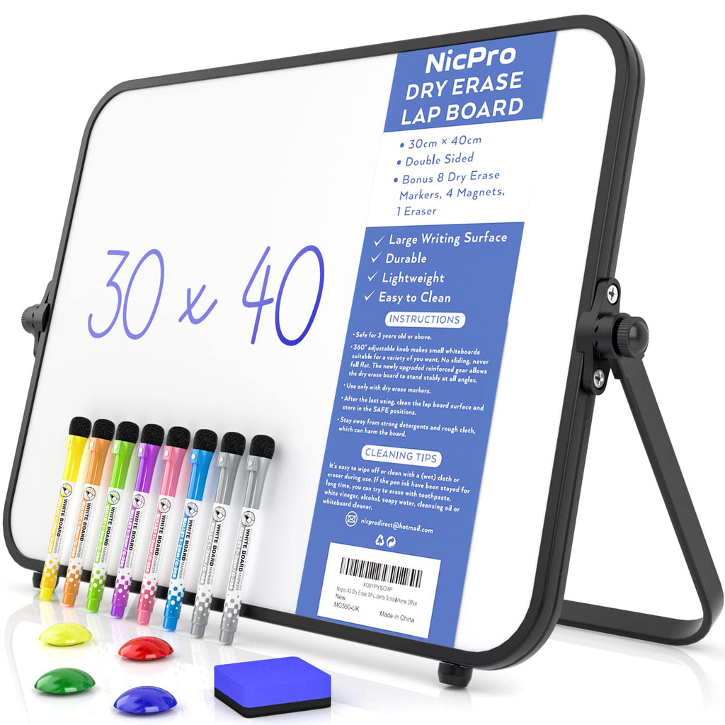 Nicpro Trockenlöschung Kleines Whiteboard A3 mit Ständer, Doppelseitiges Magnetische Desktop Schreibtafel mit 8 Stiften, 4 Magnet, Schwamm, für Studenten, Klassenzimmer, Büro(30 x 40 cm)