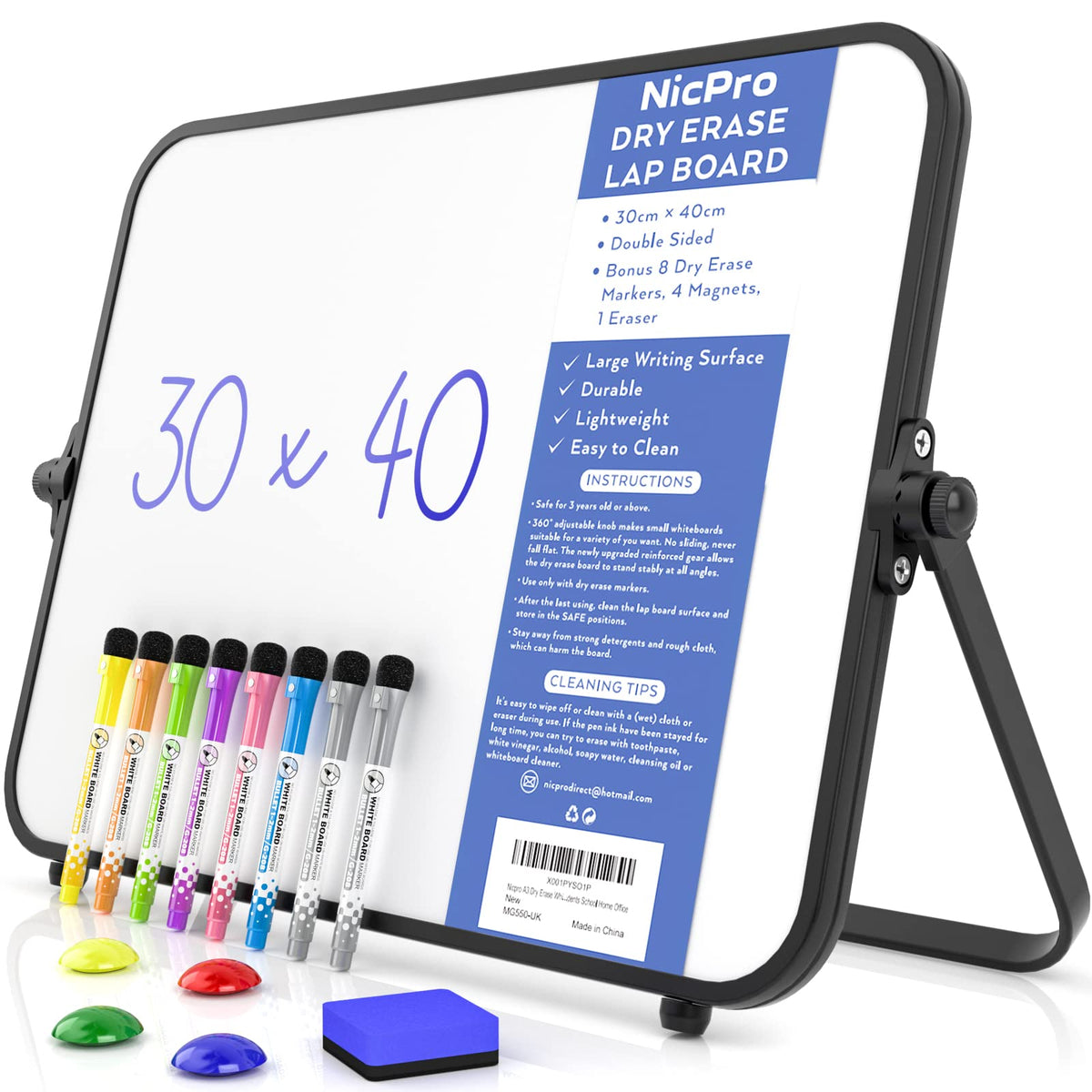Nicpro Trockenlöschung Kleines Whiteboard A3 mit Ständer, Doppelseitiges Magnetische Desktop Schreibtafel mit 8 Stiften, 4 Magnet, Schwamm, für Studenten, Klassenzimmer, Büro(30 x 40 cm)