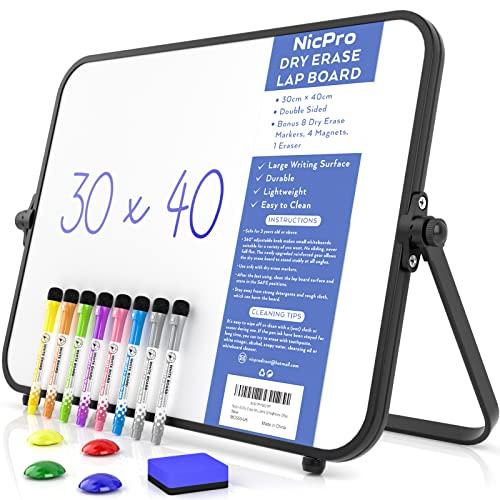 Nicpro Trockenlöschung Kleines Whiteboard A3 mit Ständer, Doppelseitiges Magnetische Desktop Schreibtafel mit 8 Stiften, 4 Magnet, Schwamm, für Studenten, Klassenzimmer, Büro(30 x 40 cm)