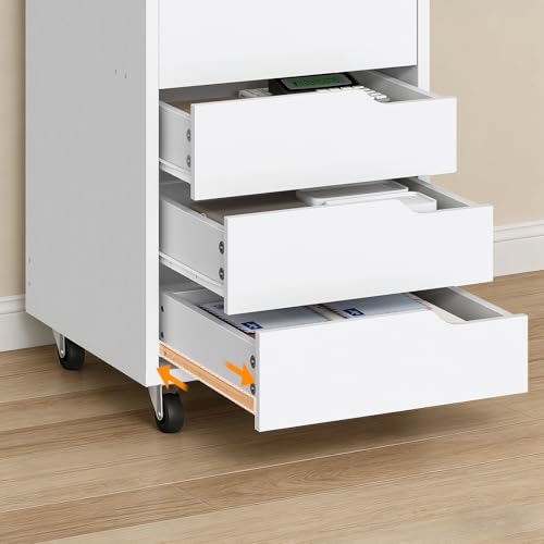 HOOBRO Rollcontainer mit 5 Schubladen, mobiler Aktenschrank mit 4 Lenkrollen, Schubladenschrank, Büroschrank, Bürocontainer, Schreibtisch Unterschrank für Arbeitszimmer und Wohnzimmer, Weiß EWT15WJ01