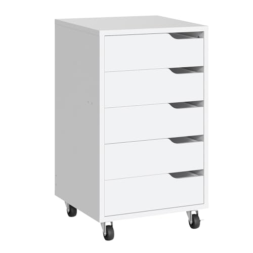 HOOBRO Rollcontainer mit 5 Schubladen, mobiler Aktenschrank mit 4 Lenkrollen, Schubladenschrank, Büroschrank, Bürocontainer, Schreibtisch Unterschrank für Arbeitszimmer und Wohnzimmer, Weiß EWT15WJ01