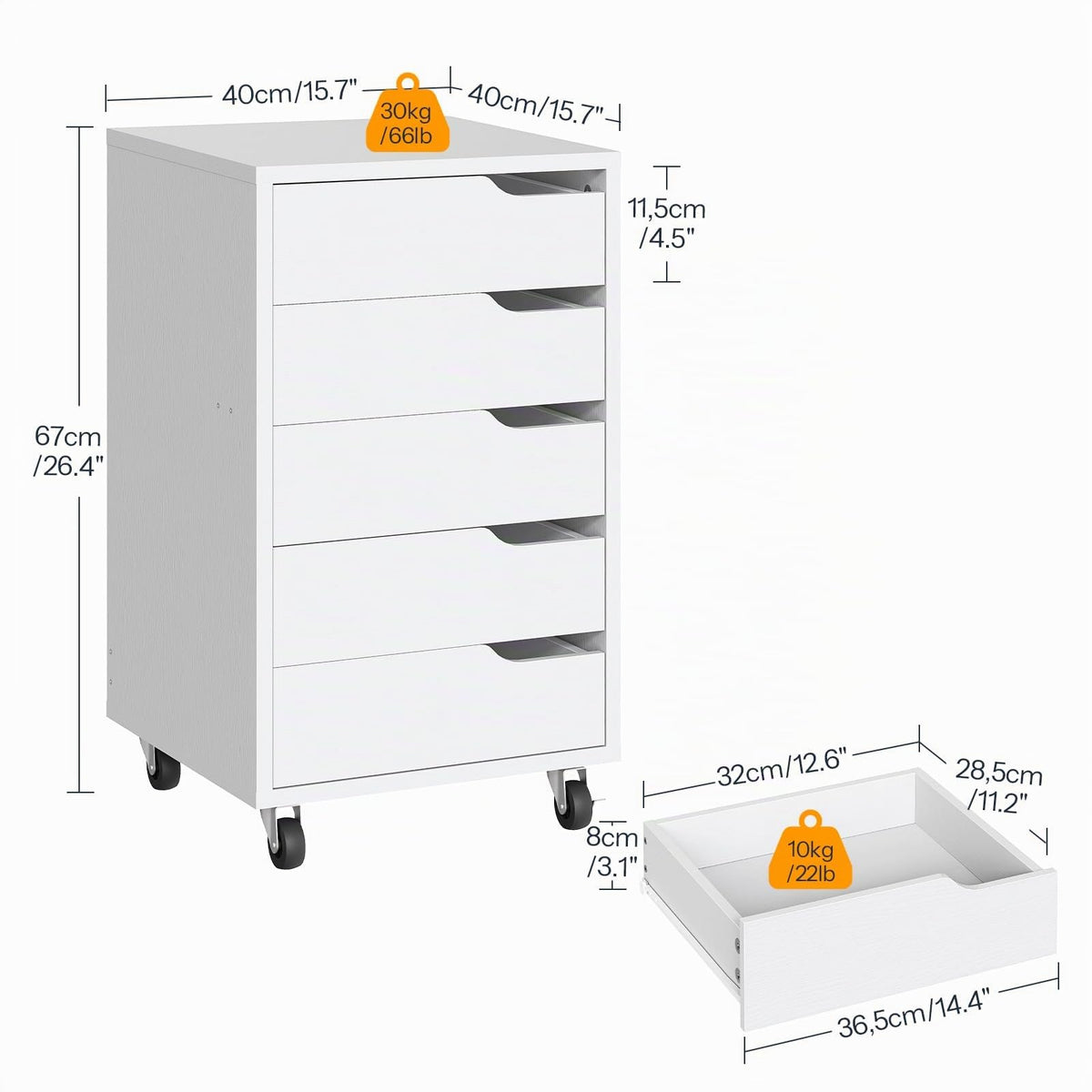 HOOBRO Rollcontainer mit 5 Schubladen, mobiler Aktenschrank mit 4 Lenkrollen, Schubladenschrank, Büroschrank, Bürocontainer, Schreibtisch Unterschrank für Arbeitszimmer und Wohnzimmer, Weiß EWT15WJ01