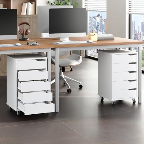 HOOBRO Rollcontainer mit 5 Schubladen, mobiler Aktenschrank mit 4 Lenkrollen, Schubladenschrank, Büroschrank, Bürocontainer, Schreibtisch Unterschrank für Arbeitszimmer und Wohnzimmer, Weiß EWT15WJ01