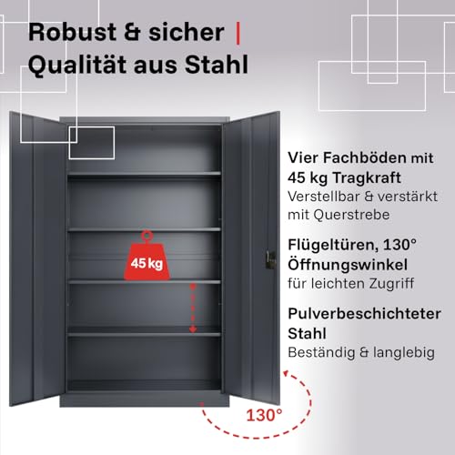 2-Pack LagerZwei Mehrzweckschrank 195x100x50cm I Metallschrank, 4 Fachböden I Großer Aktenschrank, abschließbar I Robuster Allzweckschrank als Werkstattschrank & Büroschrank I Stahlschrank anthrazit