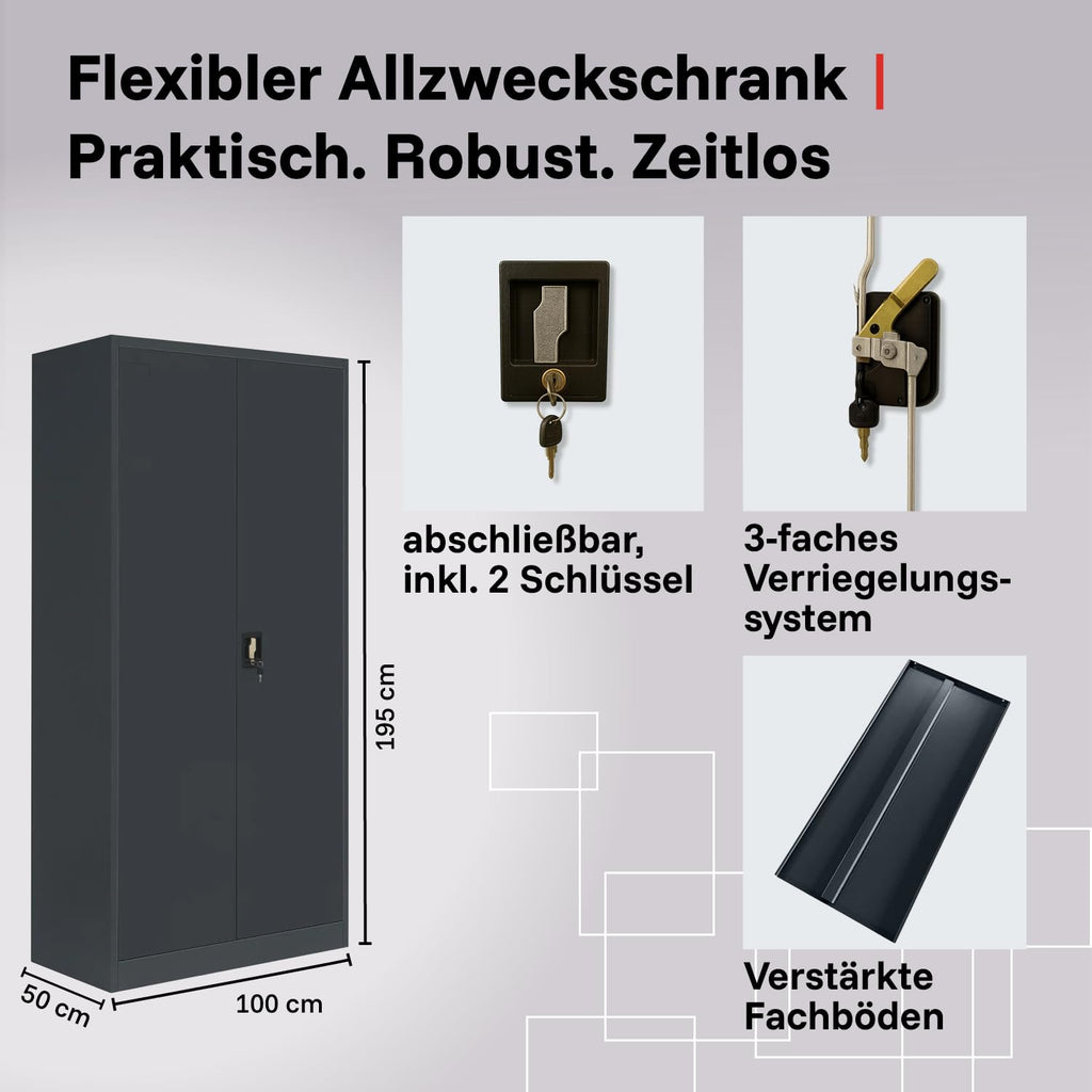 2-Pack LagerZwei Mehrzweckschrank 195x100x50cm I Metallschrank, 4 Fachböden I Großer Aktenschrank, abschließbar I Robuster Allzweckschrank als Werkstattschrank & Büroschrank I Stahlschrank anthrazit