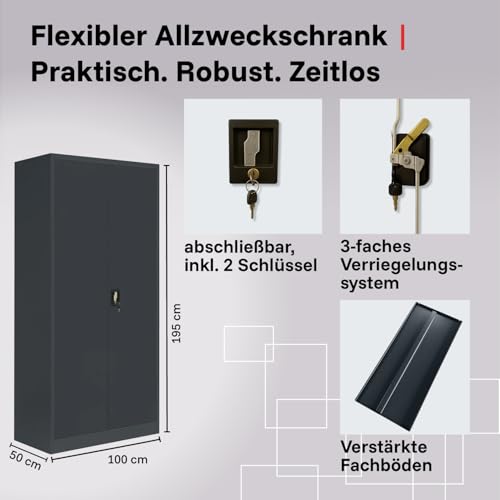 2-Pack LagerZwei Mehrzweckschrank 195x100x50cm I Metallschrank, 4 Fachböden I Großer Aktenschrank, abschließbar I Robuster Allzweckschrank als Werkstattschrank & Büroschrank I Stahlschrank anthrazit