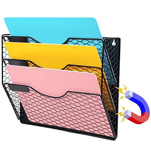 3 Fächer Magnetischer Metall A4 Zeitschriftenhalter Wand, Zeitschriftensammler für Büro und Zuhause, Wandorganizer ohne Bohren für Schrank oder Kühlschrank (Schwarz)
