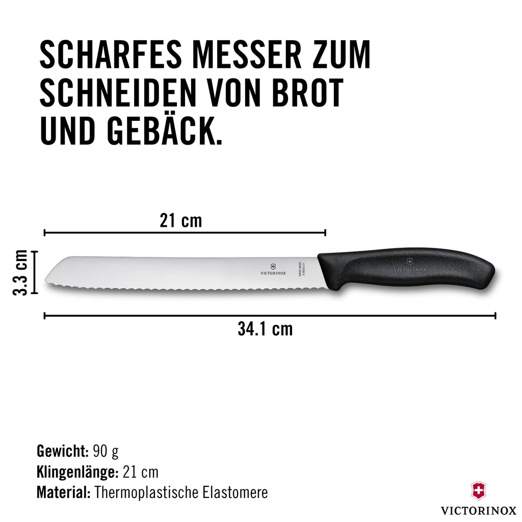 Victorinox Swiss Classic, Profi Brotmesser, Extra Scharfe Klinge, Wellenschliff, 21 cm, Robuster Kunststoffgriff, Rostfreier Stahl, schwarz