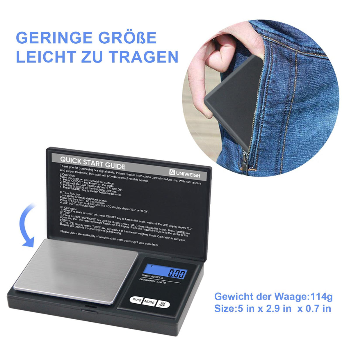 UNIWEIGH Grammwaage,200 gx0.01 g(7.05 oz x 0.001 oz) Digitale Taschenwaage