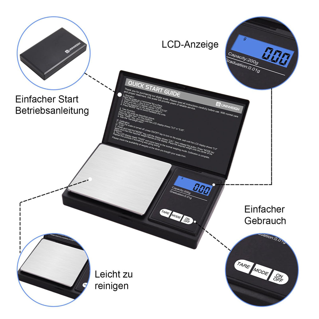 UNIWEIGH Grammwaage,200 gx0.01 g(7.05 oz x 0.001 oz) Digitale Taschenwaage