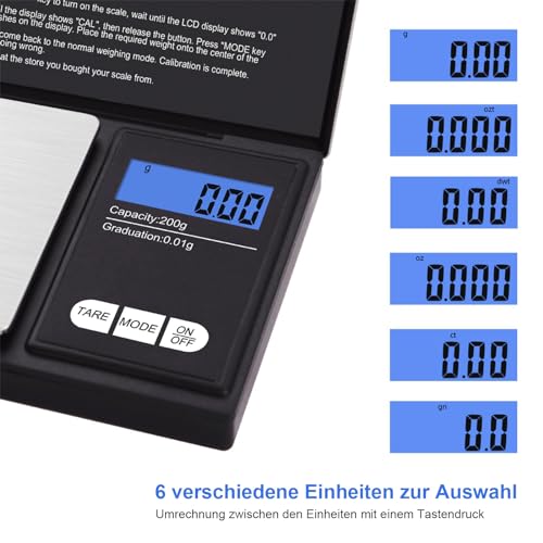 UNIWEIGH Grammwaage,200 gx0.01 g(7.05 oz x 0.001 oz) Digitale Taschenwaage