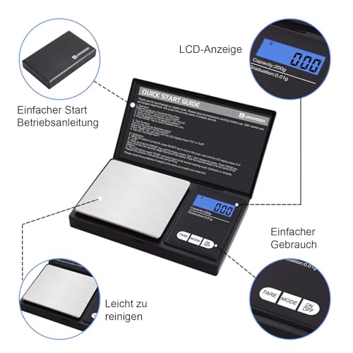 UNIWEIGH Grammwaage,200 gx0.01 g(7.05 oz x 0.001 oz) Digitale Taschenwaage
