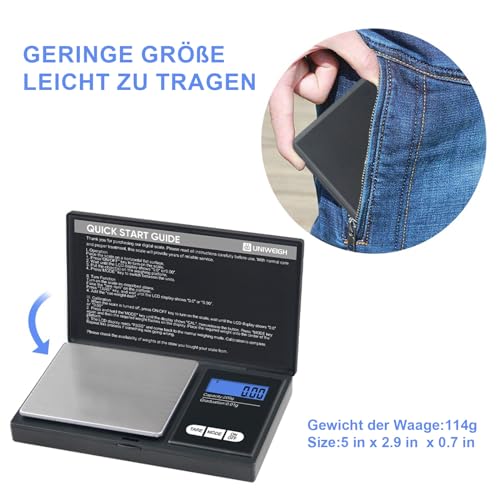 UNIWEIGH Grammwaage,200 gx0.01 g(7.05 oz x 0.001 oz) Digitale Taschenwaage