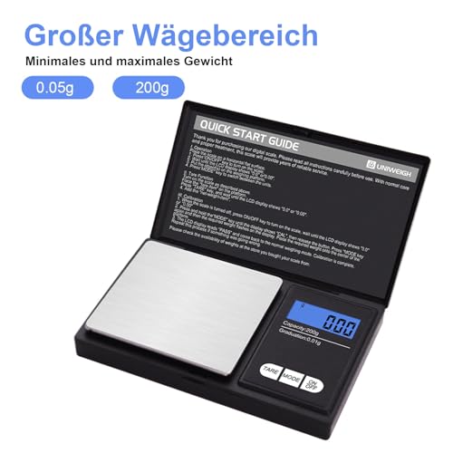 UNIWEIGH Grammwaage,200 gx0.01 g(7.05 oz x 0.001 oz) Digitale Taschenwaage