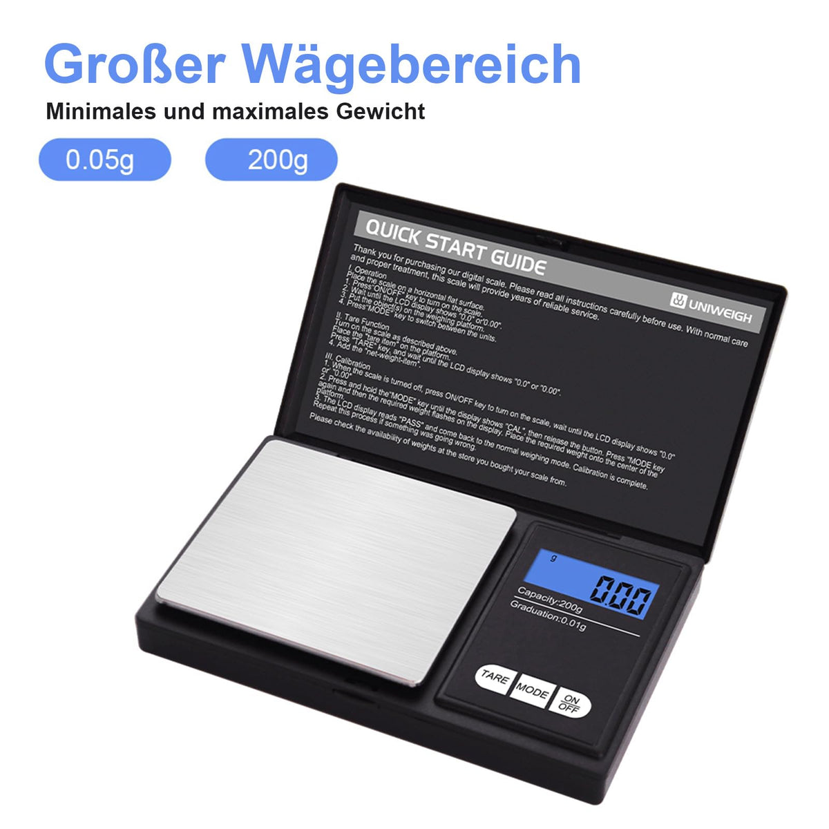 UNIWEIGH Grammwaage,200 gx0.01 g(7.05 oz x 0.001 oz) Digitale Taschenwaage