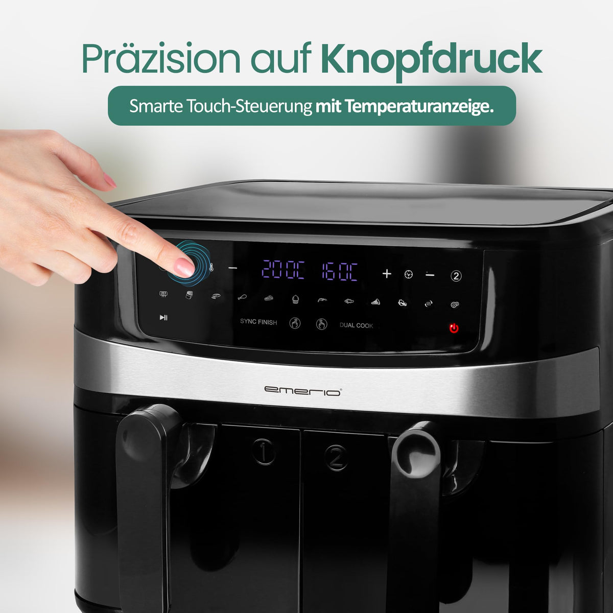 EMERIO digitale 10L DOPPEL Heißluftfritteuse AirFryer Frittieren mit heißer Luft ohne Öl möglich 2x5L Volumen 12 Programme BPA frei SMART FINISH Funktion (beide gleichzeitig fertig) AF-126672.4
