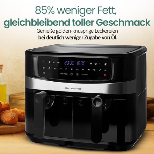 EMERIO digitale 10L DOPPEL Heißluftfritteuse AirFryer Frittieren mit heißer Luft ohne Öl möglich 2x5L Volumen 12 Programme BPA frei SMART FINISH Funktion (beide gleichzeitig fertig) AF-126672.4