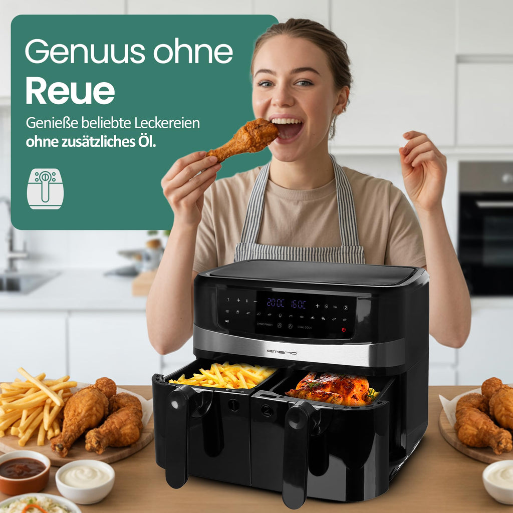 EMERIO digitale 10L DOPPEL Heißluftfritteuse AirFryer Frittieren mit heißer Luft ohne Öl möglich 2x5L Volumen 12 Programme BPA frei SMART FINISH Funktion (beide gleichzeitig fertig) AF-126672.4