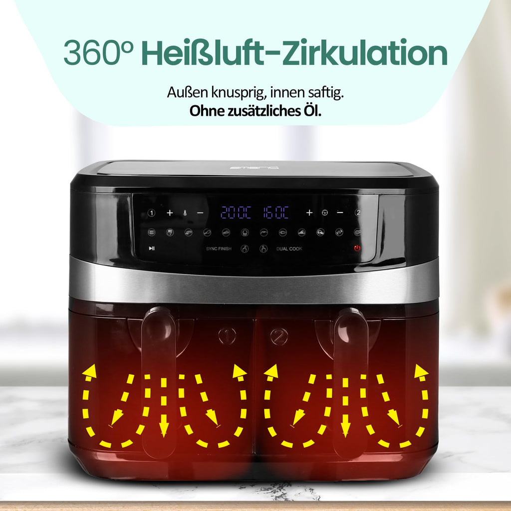 EMERIO digitale 10L DOPPEL Heißluftfritteuse AirFryer Frittieren mit heißer Luft ohne Öl möglich 2x5L Volumen 12 Programme BPA frei SMART FINISH Funktion (beide gleichzeitig fertig) AF-126672.4
