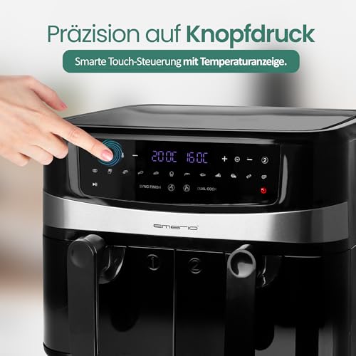 EMERIO digitale 10L DOPPEL Heißluftfritteuse AirFryer Frittieren mit heißer Luft ohne Öl möglich 2x5L Volumen 12 Programme BPA frei SMART FINISH Funktion (beide gleichzeitig fertig) AF-126672.4