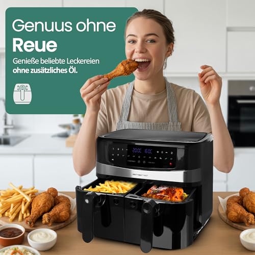 EMERIO digitale 10L DOPPEL Heißluftfritteuse AirFryer Frittieren mit heißer Luft ohne Öl möglich 2x5L Volumen 12 Programme BPA frei SMART FINISH Funktion (beide gleichzeitig fertig) AF-126672.4