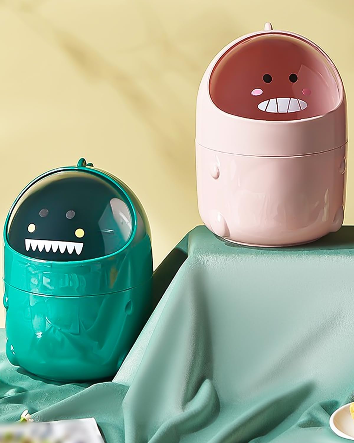 Mini TischmüLleimer mit Deckel, Dinosaurier Süße Cartoon Tisch Mülleimer, Cute Papierkorb Klein, Kawaii Deko, Aufbewahrungsbox, für BüRos, Kinderzimmer, Schminktisch, Wohnzimmer (Grün)
