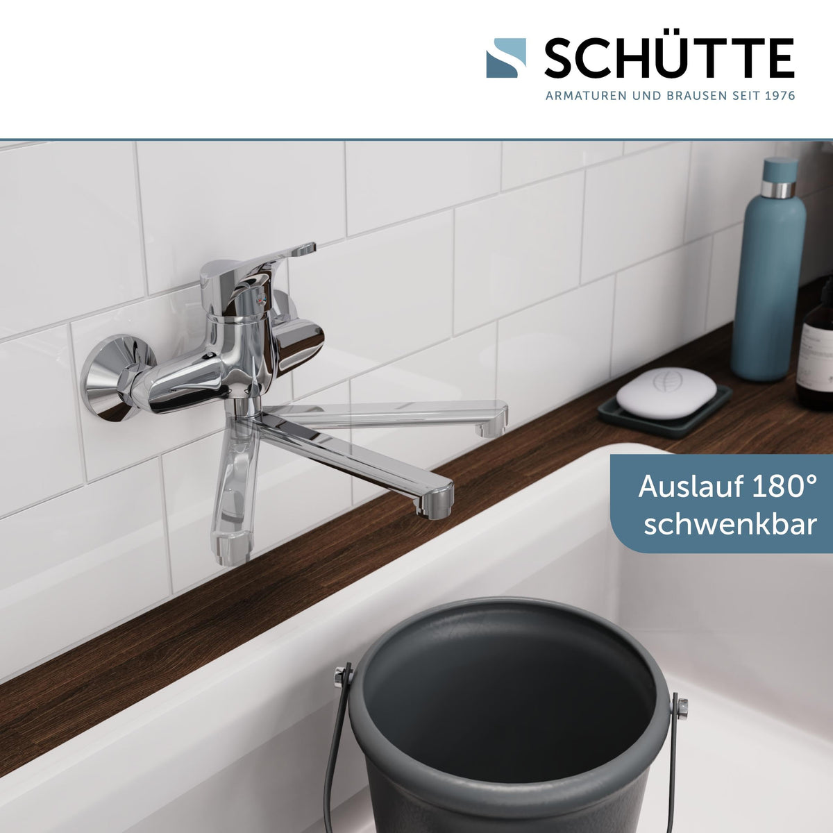 SCHÜTTE 22600 ATTICA Wandwasserhahn Chrom, Wand-Spültischarmatur 360°, ideal für Doppelspülbecken, Wasserhahn Wandmontage, Wandarmatur für Küche/Ausgussbecken, Mischbatterie für Wandmontage