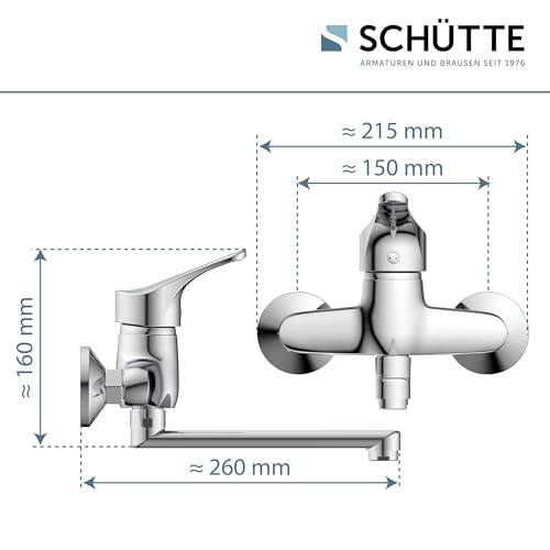 SCHÜTTE 22600 ATTICA Wandwasserhahn Chrom, Wand-Spültischarmatur 360°, ideal für Doppelspülbecken, Wasserhahn Wandmontage, Wandarmatur für Küche/Ausgussbecken, Mischbatterie für Wandmontage