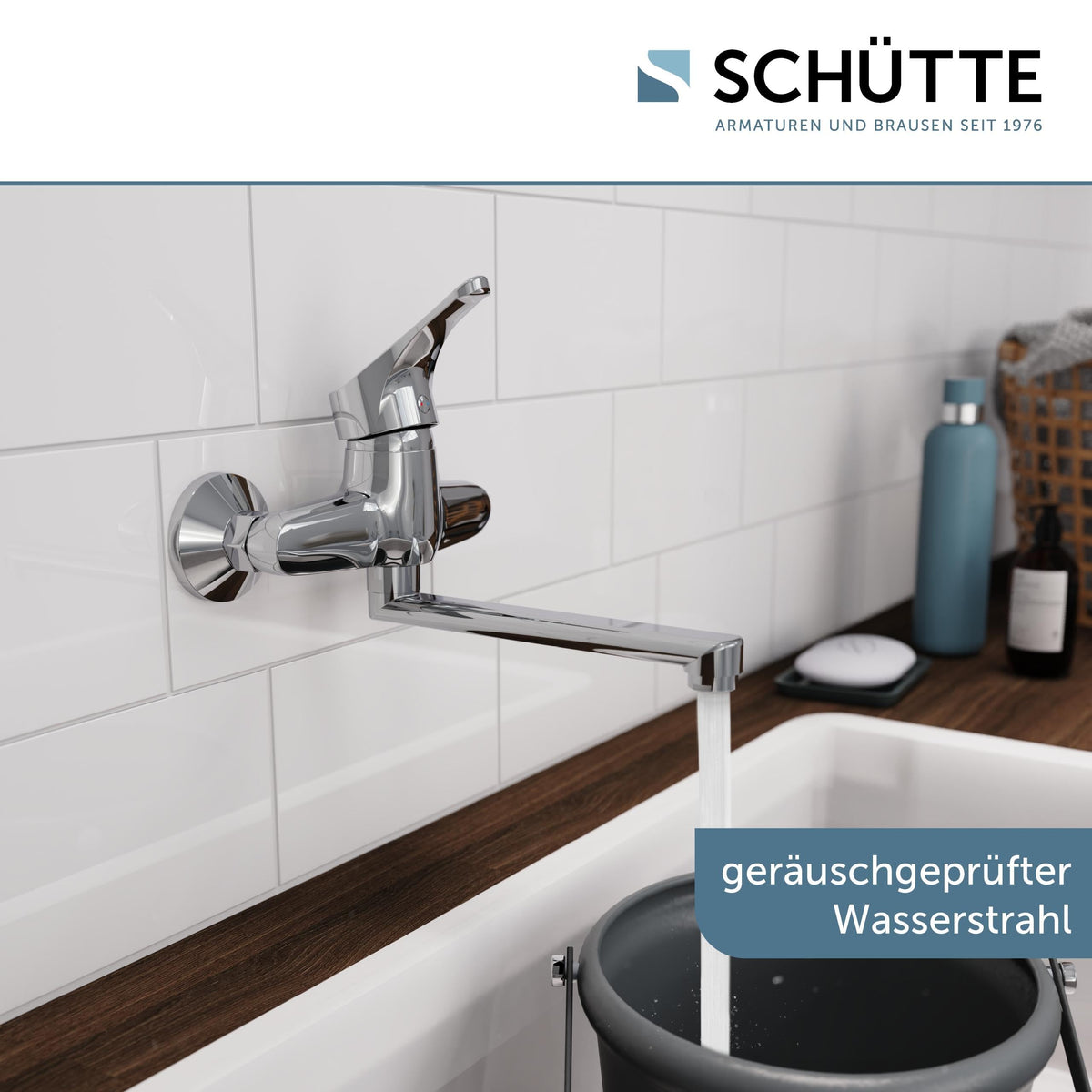 SCHÜTTE 22600 ATTICA Wandwasserhahn Chrom, Wand-Spültischarmatur 360°, ideal für Doppelspülbecken, Wasserhahn Wandmontage, Wandarmatur für Küche/Ausgussbecken, Mischbatterie für Wandmontage