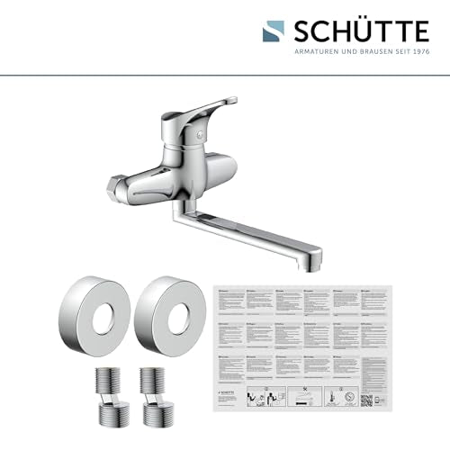 SCHÜTTE 22600 ATTICA Wandwasserhahn Chrom, Wand-Spültischarmatur 360°, ideal für Doppelspülbecken, Wasserhahn Wandmontage, Wandarmatur für Küche/Ausgussbecken, Mischbatterie für Wandmontage