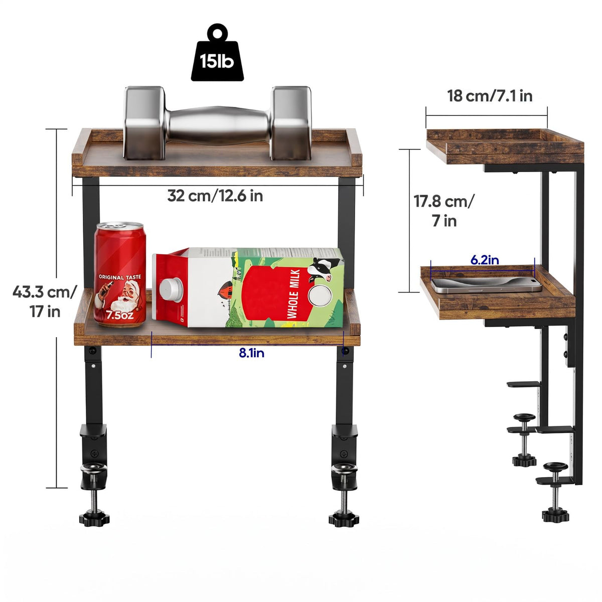 THYGIFTREE Anklemmbares mit 2 Ebenen, 31.8 cm Tischregal für Oberseite und Unterseite, Schreibtisch Aufsatzregal Organizer, Schreibtischregal Ausstellungsregal für Schreibtisch, Gaming Zubehör (Braun)