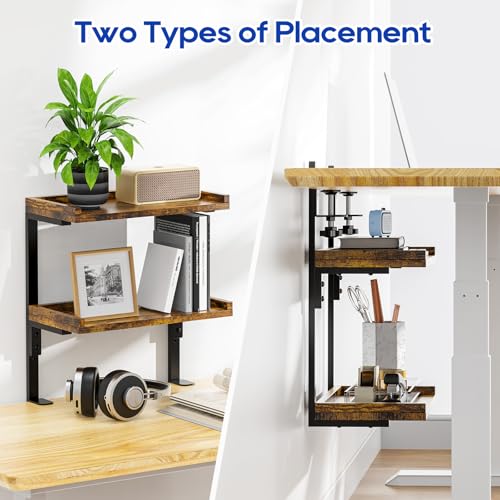 THYGIFTREE Anklemmbares mit 2 Ebenen, 31.8 cm Tischregal für Oberseite und Unterseite, Schreibtisch Aufsatzregal Organizer, Schreibtischregal Ausstellungsregal für Schreibtisch, Gaming Zubehör (Braun)